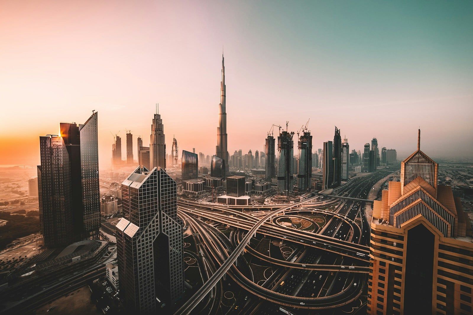 Dubai skyline with the Burj Khalifa at sunset